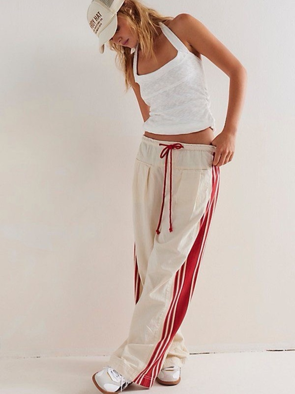Free People Cream Wide-Leg Pants with Red Side Stripes